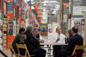 President Barack Obama discusses the economic impact of energy saving home retrofits with labor, manufacturing, and small business leaders at a Home Depot in Alexandria, Va., Dec. 15, 2009. (Official White House Photo by Pete Souza)